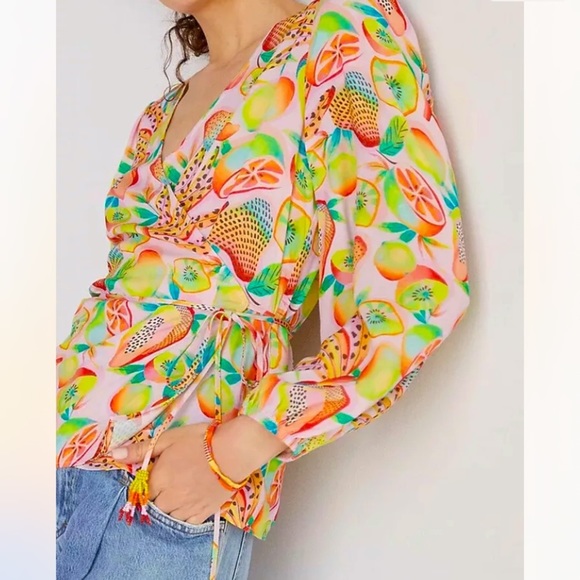 Anthropologie NWT Farm Rio Rainforest Tropical Fruits Wrap Blouse Size S. - Picture 4 of 14